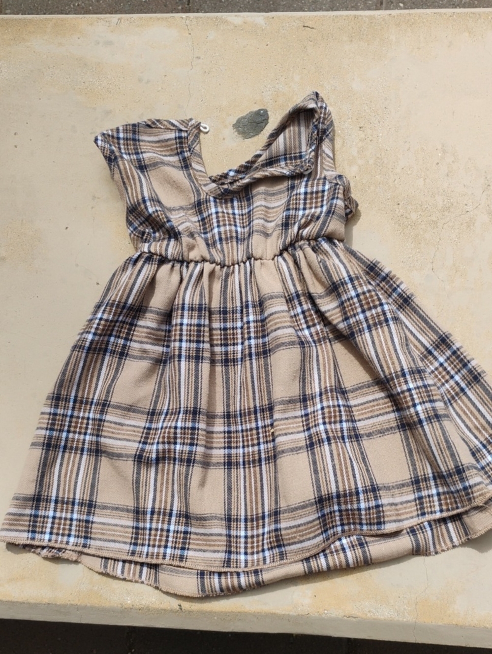 Source Unknown Beige Plaid Sleeveless Kids Dress with Navy Stripes